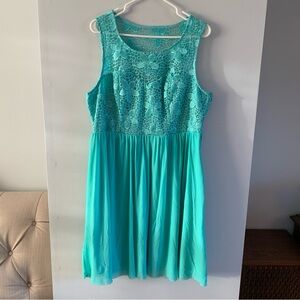 Torrid Dress Aqua Blue Sleeveless Floral Lace Above Knee Flowy Skirt Size 16